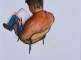 painting of a man sitting in a chair reading a book