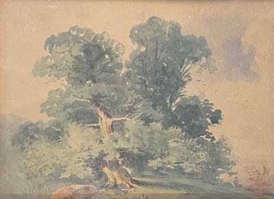une photo d'un tableau représentant des arbres dans un champ