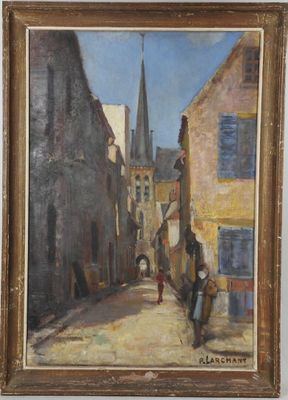 une peinture à l'huile représentant une scène de rue avec un clocher d'église en arrière-plan