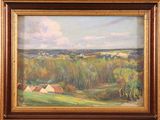 an oil painting of a landscape with a farm in the foreground