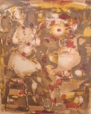 un tableau représentant une femme assise à une table devant un bol de fruits