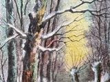 painting of a winter scene with trees and snow on the ground
