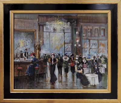 a painting of a group of people standing in a room