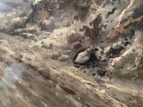an oil painting of a man riding a motorcycle down a dirt road