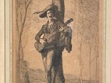 an old picture of a man carrying a bird on his back