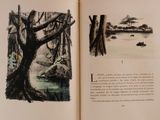 an open book with a picture of a river and trees