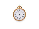 a gold pocket watch with roman numerals on the face