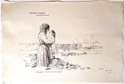 un vieux dessin représentant une femme tenant un enfant dans ses bras