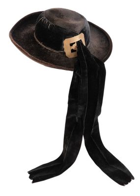 black velvet pirate hat with gold buckles and a black ribbon