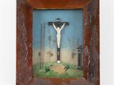 painting of jesus on the cross in a wooden frame on a white background