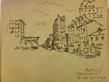 drawing of a street scene with buildings and a clock tower in the distance