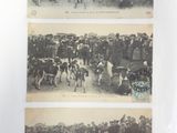 trois vieilles photos en noir et blanc représentant des chevaux et des personnes dans un champ