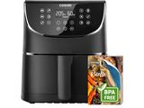 a black air fryer sitting next to a packet of food