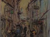 painting of a street scene with a horse and buggy in the foreground