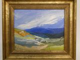 une peinture à l'huile d'un paysage avec des montagnes en arrière-plan