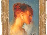 tableau représentant une femme aux cheveux roux portant des boucles d'oreilles, dans un cadre doré