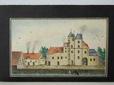 an old picture of a castle with a clock tower on top of it