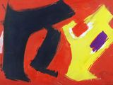 une peinture représentant une œuvre aux couleurs rouge, jaune et noire sur un fond rouge