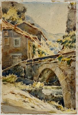 une image d'une peinture représentant un pont sur une rivière