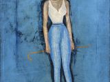 an image of a painting of a woman in a white top and blue pants