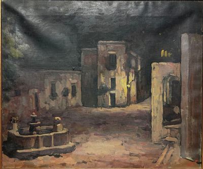 une peinture représentant une scène de rue avec un bâtiment en arrière-plan