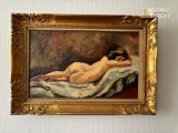 a painting of a nude woman laying on a bed