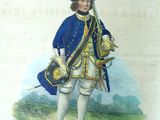 an old picture of a man in a blue uniform with a sword