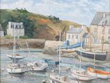 painting of boats in a harbor with houses in the background