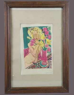 painting of a woman with flowers in a vase in a wooden frame