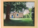 an oil painting of a house in a field with a tree