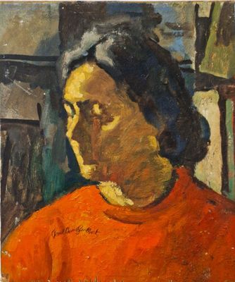 une peinture à l'huile représentant une femme vêtue d'un t-shirt orange, assise sur une chaise
