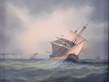 painting of a sailing ship in rough water with birds flying in the background