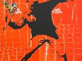 painting of a man throwing a bouquet of flowers on a red background