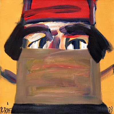 un tableau représentant un homme coiffé d'un chapeau rouge et tenant une pancarte