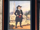 painting of a man in a black coat and hat standing in front of a stone wall