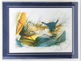 painting of a man playing a piano on a boat in the water