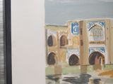 a picture of a painting of a building with a clock on it