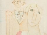 tableau représentant un homme et une femme, l'homme portant un haut-de-forme et une cravate