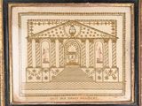 a cross stitch picture of a building with a clock on top of it