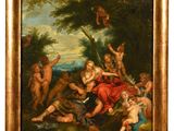 une peinture représentant un groupe de personnes dans un cadre boisé