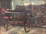 un tableau représentant un salon avec un canapé et une table