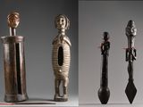 Plusieurs types de sculptures sont exposées sur un fond gris.