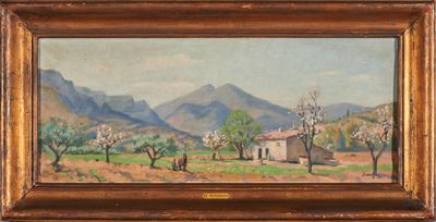 une peinture à l'huile représentant un paysage avec une maison au premier plan et des montagnes à l'arrière-plan