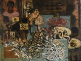 painting of a painting of a woman in a room with a bunch of dead fish