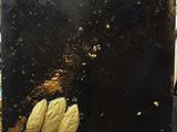 a picture of a black and gold painting on a table