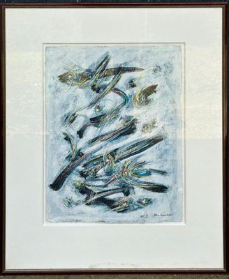 tableau représentant un groupe d'oiseaux en vol, dans un cadre