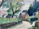 a watercolor painting of a country road with houses in the background