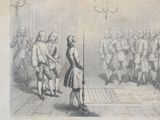 a drawing of a man standing in front of a group of people