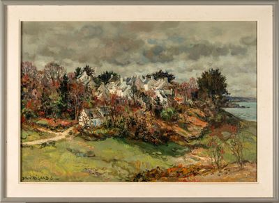 a painting of a landscape with houses and trees on a hill
