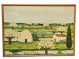 an oil painting of a farm scene with a pond and trees